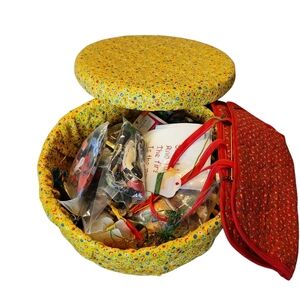 Vintage Handmade‎ Antique Woven Sewing Box Lot With  Content Needle Threads ETC